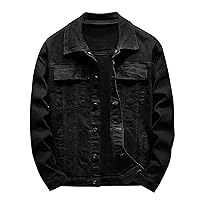 Mens Denim Jacket Regular Fit Solid Button Down Cowboy Coat Fall Casual Outwear Retro Distressed Washed Jean Work Coats
