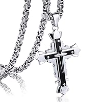 Cross Chain Necklace for Men Stainless Steel Pendant Cross Faith Necklace Mens Jewelry Birthday Gifts Boyfriend Valentine Gifts for Him Silver Black Gold Byzantine Chain for 22 24 26 28 30 Inch