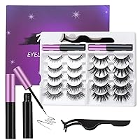 Magnetic Eyelashes, Magnetic Lashes Kit Natural Looking, Reusable 10 Pairs 3D Strong Magnetic Fake Eyelashes with 2 Tubes of Magnetic Eyeliner and Tweezers