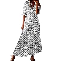 Black of Friday Early Deals Womens Loose Casual Maxi Long Dresses Summer Lace-Up V Neck Half Sleeve Bohemian Beach Dress Vintage Ethnic Sundresses Robe De Plage