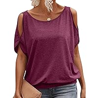 Womens Cold Shoulder Summer Tops Short Sleeve Tie Back Blouses Casual Crewneck Shirts 2024