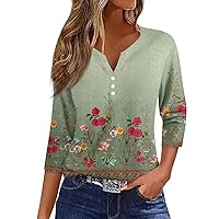 Women Tshirts Cotton 3/4 Sleeves Striped Geometric Vintage Floral Prints V Neck Button T Shirts Loose Fit Plus Size Blouse