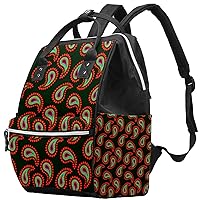 Red Blue Paisley Swirls Pattern Black Background Diaper Bag Backpack Baby Nappy Changing Bags Multi Function Large Capacity Travel Bag