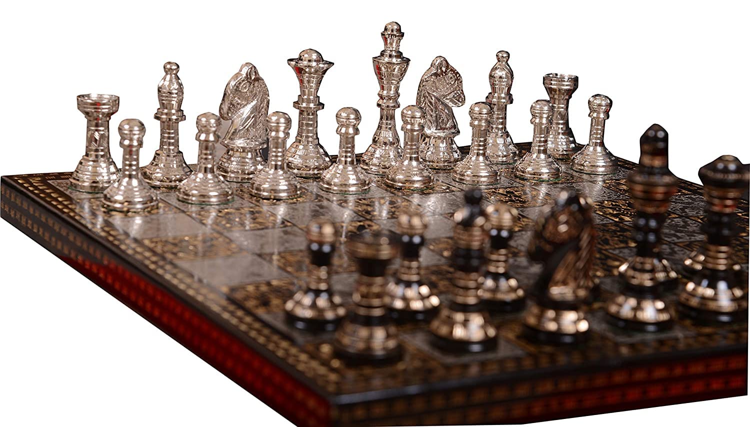 Shyam Antique Creation Collectible Premium Luxury Solid Metal Brass Chess Set for Adults Sets - Board Game Pieces 14Inx14In, Set, Silver & Black, 14X14X5 Inches