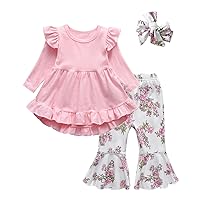 KuKitty Toddler Baby Girl Clothes Solid Color Long Sleeve Ruffle Tops Floral Bell-Bottoms Pants and Headband Outfits Set (12-18 Months) Pink