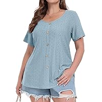 MONNURO Womens Plus Size Tops Summer Eyelet Short Sleeve Tunic Shirts Button Decor Loose Casual Blouses