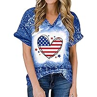 American Flag Heart Shirt Women Bleached Sublimation Blank Shirts 4th of July Memorial Day Gift T Shirt V Neck Tops