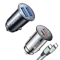 AINOPE USB C Car Charger and Mini Car Charger Pack, 48W Fast USB C Car Charger Adapter Super Mini All Metal with 3.3ft USB C to C Cable,Smallest 4.8A All Metal USB Car Charger