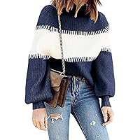 Women’'s Casual Turtleneck Knit Pullover Sweater Solid Striped Jumper Loose Comfy Cute Tops