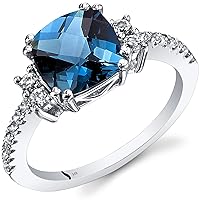 PEORA London Blue Topaz Ring for Women 14K White Gold with White Topaz, Natural Gemstone Birthstone, Designer 2.50 Carats Cushion Cut 8mm, Comfort Fit, Sizes 5 to 9