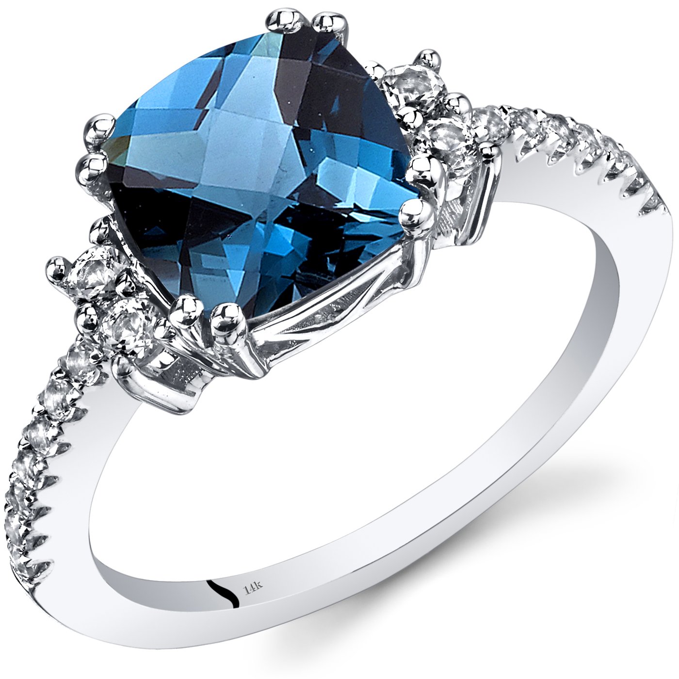 Peora London Blue Topaz Ring for Women 14K White Gold with White Topaz, Natural Gemstone Birthstone, Designer 2.50 Carats Cushion Cut 8mm, Comfort Fit, Sizes 5 to 9