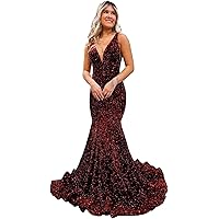 Women's Sequin Prom Dresses Mermaid Long 2024 V Neck Backless Sparkly Formal Evening Party Gowns