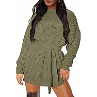 ZESICA Women's 2024 Fall Long Sleeve Solid Color Waffle Knitted Tie Wasit Tunic Pullover Sweater Dress
