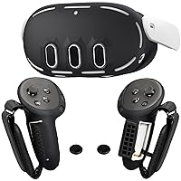 Controller Grips Cover VR Headset Shell Silicone Case Compatible with Meta/Oculus Quest 3 Accessories, Battery Opening Controller Grips Front Shell Headset Cover Skin Protector (Black)