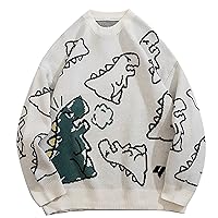 Flygo Women's Dinosaur Sweater Aesthetic Oversized Knit Sweaters Pullovers Y2K Knitwear (White-XL)