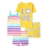The Children's Place Girls' Snug Fit 100% Cotton Sleeve Top and Shorts 4 Piece Pajama Set