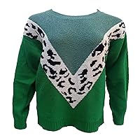 Autumn/Winter Printing Stitching Leopard Print Sweater Long-Sleeved Top Knit Sweater Women Green X4XL