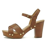 Soda MIGUEL ~ Women Crisscross Band Fashion Chunky Platform Block Mid Heel Sandal with Ankle Strap and Stud
