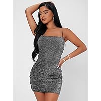 TLULY Dress for Women Backless Ruched Glitter Bodycon Dress (Color : Dark Grey, Size : XX-Small)