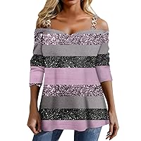 Going Out Top for Women Sweetheart Neckline Chain Sling Shirt Cold Shoulder Printed Pullover Lightweight Cozy Top