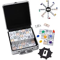 Double 12 Colored Dot Dominoes Mexican Train Game Set, 91 Tiles Dot Dominoes with 9 Trains, Scoreboard, Octagon Shape Hub and Aluminum Case