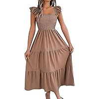 Women's Cute Summer Dresses Retro Solid Color Square Collar Fungus Hem Waist A-Line Long Skirt Dress, S-XL