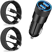 【MFi Certified】iPhone 15 Car Charger Fast Charging, Rombica 4.8A Dual USB Power Cigarette Lighter USB-C Car Charger+2Pack Tyep-C Braided Cable for iPhone 15/15 Plus/15 Pro/15 Pro Max/iPad Pro/Air/Mini
