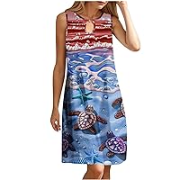 Summer Dresses Women's Keyhole Casual Sleeveless Sundress Novelty Sea Turtle Print Beach Vacation Tank Dress 2024