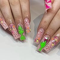 Christmas Press on Nails Long Square Fake Nails Cute Green Monster False Nails with Designs Full Cover Glossy Nude Pink Xmas Stick on Nails Holiday Acrylic Coffin Shape Nails for Women DIY Nails 24Pcs