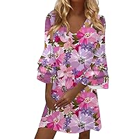 Women Summer Dresses Boho Floral Cotton Linen Mini Dress V Neck 3/4 Bell Sleeve Knee Length Flowy Beach Dress