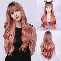 FORCUTEU Ombre Pink Wig with Bangs Long Pink Wavy Wigs for Women Long Pink Wavy Wig Pink Ombre Heat Resistant Wigs for Daily Party(Ombre Pink 26inch)