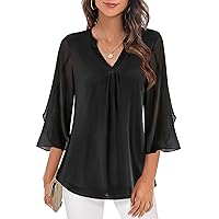 Zeagoo 3/4 Sleeve Tops for Women Ruffle V Neck Mesh Blouses Flowy Floral Loose Work Casual Tunic Shirts