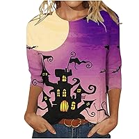 Ceboyel Women 3/4 Sleeve Halloween Shirts Spooky Ghost Graphic Tees Tops Cute Fall Tshirts Funny Clothing 2023
