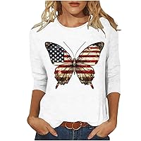 Butterfly Print Shirts for Women 4th of July Patriotic T-Shirt 3/4 Sleeve Crewneck Tops USA Flag Stars Stripes Tees