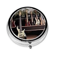 Guitar Bass Music Musical Instruments Print Round Pill Box 3 Compartment Portable Mini Pill Case Metal Pill Organizer Pill Container for Pocket Purse Office Travel
