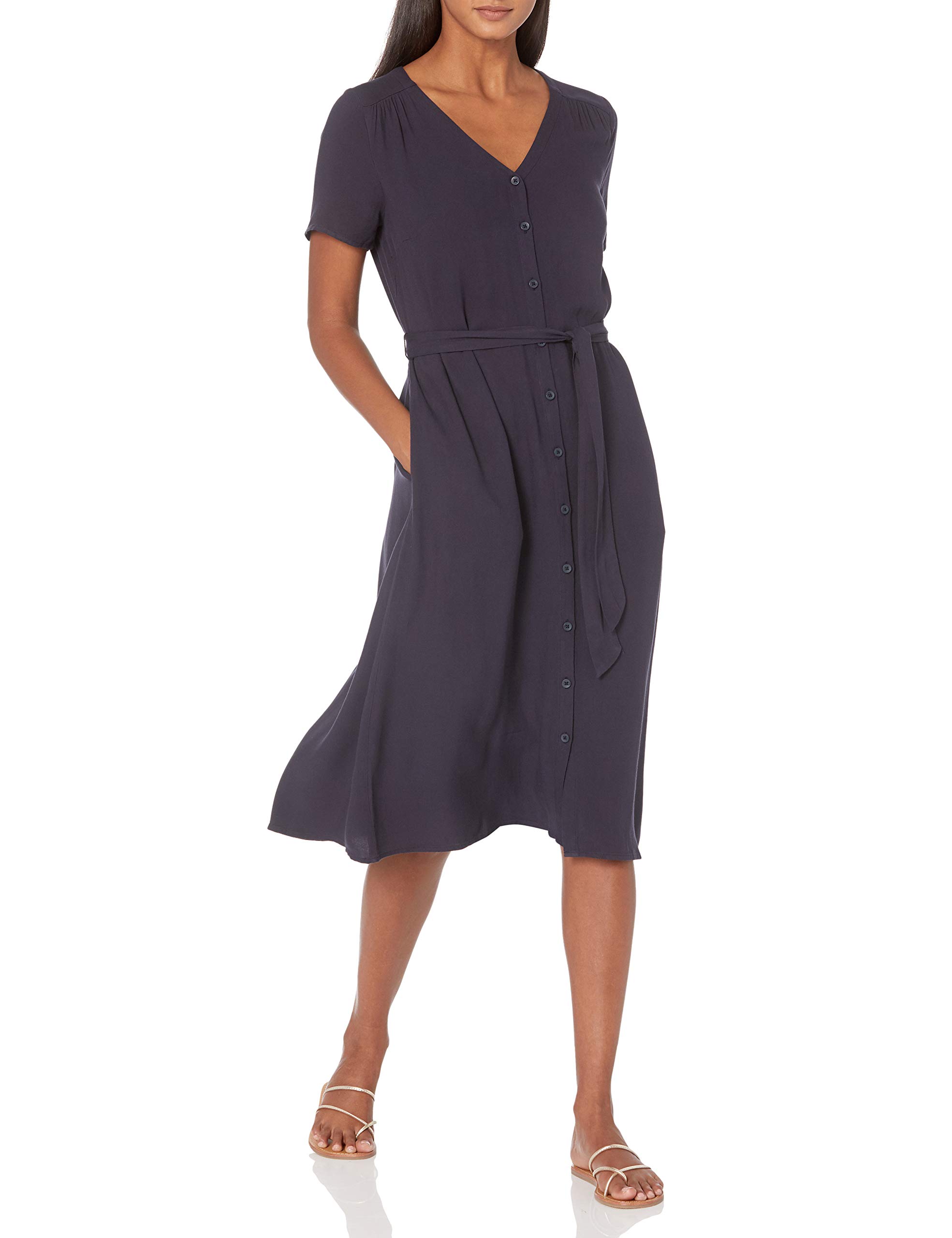 Amazon Essentials Women's Short-Sleeve Midi Button Front Tie Dress