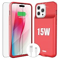 KKD 15W Fast Charging Case for iPhone 15/15 Pro,Real 7000mAh Smart Battery Charger Case with TPU Anti-Slip Design and Anti-Abrasion Flocking for iPhone 15/15 Pro-6.1 inch Red