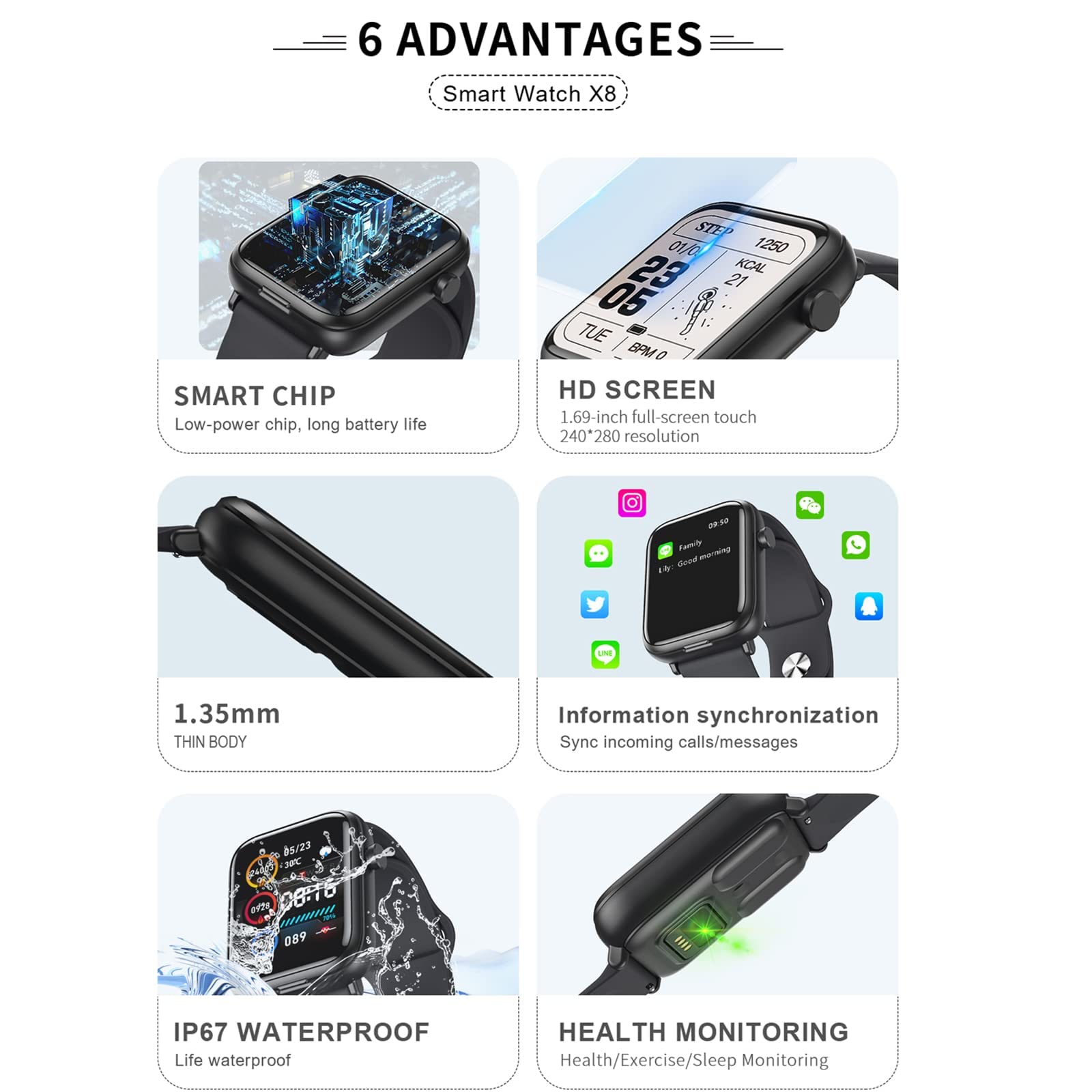 X8 2 in 1 Smart Watch with Earbuds Smartwatch TWS Bluetooth Earphone Heart Rate Blood Pressure Monitor Sport Watch Fitness Tracker (X8-Black)