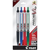 Pilot, Precise V5 RT Refillable & Retractable Liquid Ink Rolling Ball Pens, Extra Fine Point (0.5mm), Black/Blue/Green/Red, Pack of 4