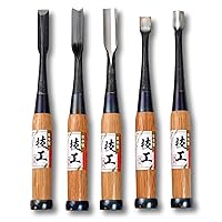 Japanese Wood Carving Chisel and Gouge Set 5 Pcs for Woodworking, Made in JAPAN, Professional Heavy Duty Woodcarving Tools, Razor Sharp SHIROGAMI White Steel #2 Blade, Red Oak Wood Handle