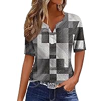 Short Sleeve Shirts for Women,Tops for Women Trendy Geometric Print V Neck Button Top Summer Tops for Women 2024