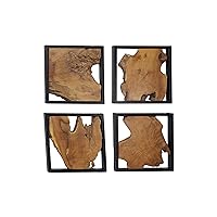 Deco 79 Teak Wood Abstract Handmade Home Wall Decor Live Edge Tree Trunk Wall Sculpture with Black Frames, Set of 4 Wall Art 18