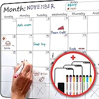 Large Dry-Erase Magnetic Monthly Calendar + Free Bonus: 3 Grocery/to-Do List Whiteboards (Organizer/Planner) for Kitchen Fridge - Full Set: 8 Markers + Eraser | Stain Free | Horizontal