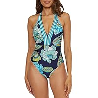 Trina Turk Women's Standard Pirouette Halter Maillot One Piece Swimsuit, Plunge V-Neck, Floral Print, Bathing Suits