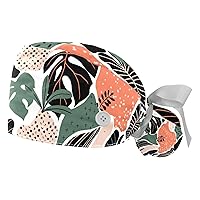 Working Hat with Buttons & Ribbon Ties for Women 2 Packs, Colorful Tropical Plant Leaves Adjustable Unisex Surgical Caps Scrub Cap, Medium-3X-Large