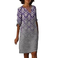 Beautiful Father's Day Seaside Tunic Dress Lady Short Sleeve Mini V Neck Printed Woman Regular Fit Cotton Purple 3XL