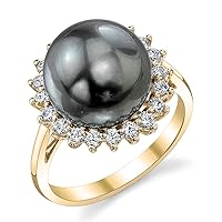 The Pearl Source 18K Gold 12-13mm Round Genuine Black Tahitian South Sea Cultured Pearl & Diamond Sage Ring for Women