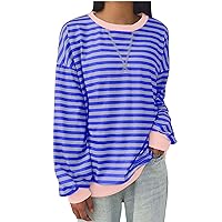 Dollar Deals Women Oversized Sweatshirt Striped Color Block Long Sleeve Pullover Tops Vintage Crewneck Shirts Casual Loose Sweater