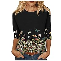 Womens Oversized Tshirts, Women's Fashion Casual Three Quarter Sleeve Vintage Print Round Neck Pullover Top Blouse