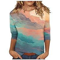 Summer Tops for Women, Trendy Tops for Women 70S Outfits Hippie Clothes Women's Fashion Casual Round Neck 3/4 Sleeve Loose Flower Printed T-Shirt Ladies Top Mama Shirts for (Turquoise,L)